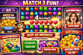 create a match3 puzzle game with ads and inapp purchases