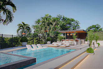 do backyard landscape design, pool, garden design, patio, pergola 3d rendering