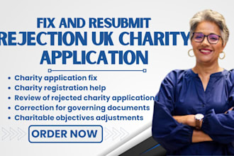 review and fix rejected UK charity commission application and compliance issues