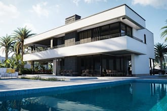 render modern villa exterior,luxury balcony decor,tropical pool patio,car park