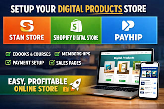 setup stan store, shopify digital products store stan store digital store payhip