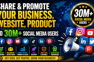 share and promote your business, website, product to 30m social media users