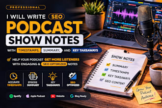 write SEO podcast show notes with timestamps, summary, and key takeaways