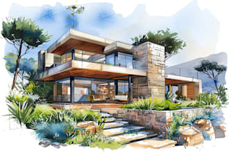 sketch architectural drawing with watercolor