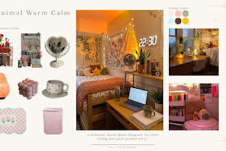 design a cozy, aesthetic interior with moodboard, layout and styling