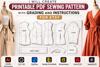 create printable PDF sewing pattern with grading and instructions for etsy
