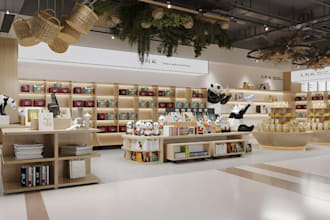 do 3d retail store design with modern interior and exterior, 3d shop, cafe, mall