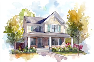 hand draw architectural home building portrait  watercolor