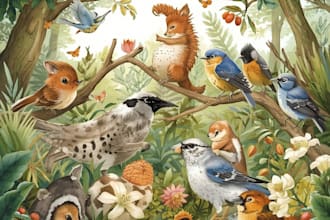 draw watercolor illustrations of animals, birds, and nature