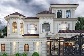 remodel 3d modern villa house, facade exterior, front elevation, concrete render