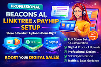 beacons store setup, beacons ai design, linktree, payhip digital product upload