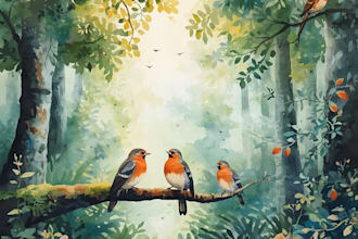 draw watercolor paintings , nature, birds