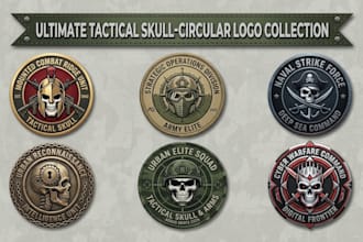 design patch, badge, military, army, vintage, tactical, skull, and circular logo