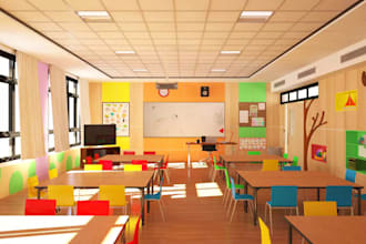 elevate kids classroom, cgi playroom indoor, creative kids club,preschool decor