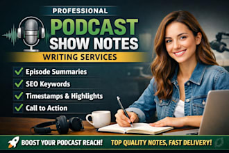 write professional podcast show notes, summaries