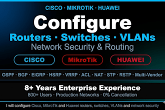 configure cisco, mikrotik, huawei routers, switches, vlans, and network security