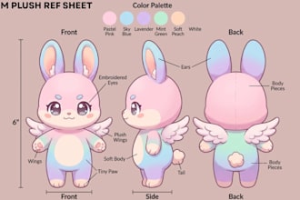 design custom plushie reference sheet stuffed animal character or ych concept