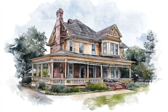 sketch and watercolor of house