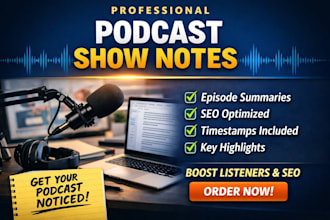 write SEO podcast show notes with timestamps and episode highlights