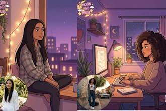 draw easthetic lofi girl character art illustration for lofi cozy loop animation