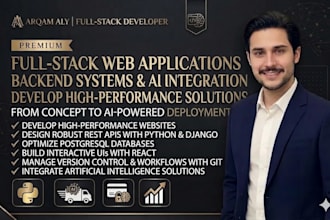 develop websites, rest API with python, django, postgresql, react, git, ai