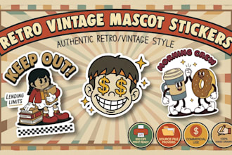 draw 1930s retro vintage mascot character for stickers