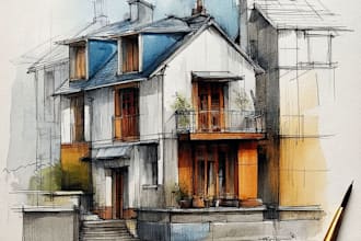 sketch architecture building with watercolor rendering