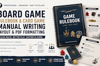 write board game rulebook, card game manual, layout and PDF formatting