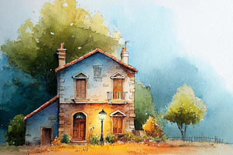draw watercolour illustration of house or building