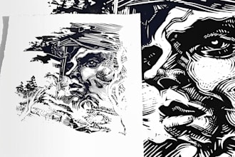 draw detailed linocut illustration for t shirt and print
