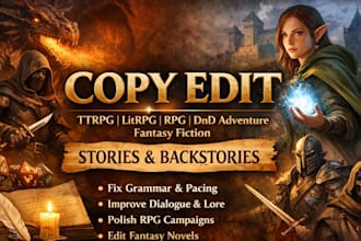 copy edit ttrpg, litrpg, rpg, dnd adventure fantasy fiction novel book backstory