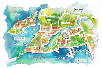 design a watercolor map illustration of your city or venue