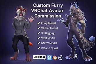 create 3d vrchat avatar, furry vtuber model, anime furry with face tracking