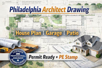 philadelphia architect drawing for house plan, garage, patio licensed pe stamp