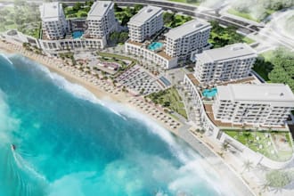 modern residential towers building, master site plan, waterfront beach rendering