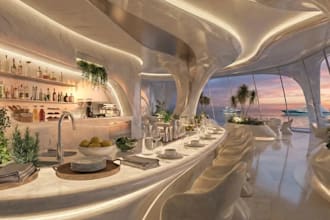 remodel modern hospitality buiding,geometric  restaurant render,3d lounge design