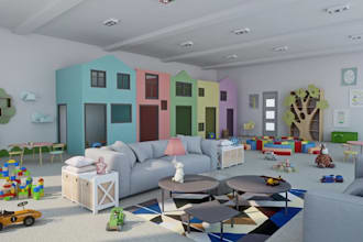 design modern indoor kids playroom,creative play items,toy cars, truck rendering