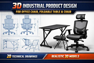 3d industrial product design for office chair, foldable office table and chair