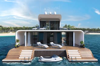 luxury overwater villa,cgi exterior rendering,floor plans,balcony,rooftop lounge