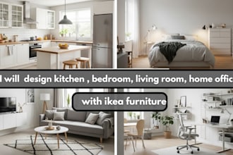 design kitchen, bedroom, living room, home office with ikea furniture