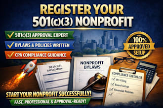 register your 501c3 nonprofit, write bylaws, and guide you with CPA compliance