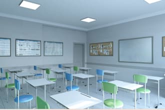 renovate empty classroom,wooden floor design, educational posters, student desks