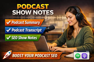 write podcast show notes, podcast summary, transcript and SEO content