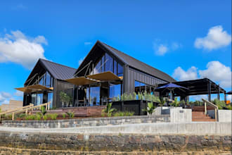render mix use building,twin boatshedstyle design,glaze facade model,restaurant