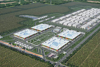 3d master plan of agro business park,industrial facility layout,landscape render