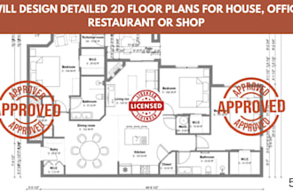 design detailed 2d floor plans for house, office, restaurant or shop