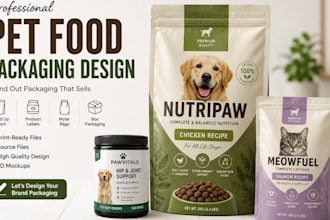 design stand up pouches, product labels, pet food and food packaging