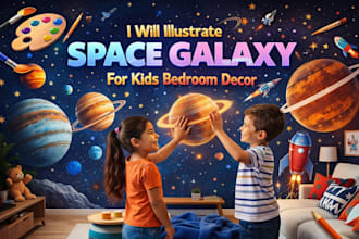 illustrate space galaxy wall mural for kids bedroom decor
