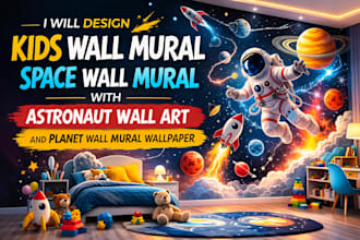 design kids wall mural space wall mural with astronaut wall art and planet wall