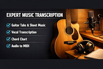 transcribe guitar tab sheet music, vocal  transcription, chord chart, audio midi